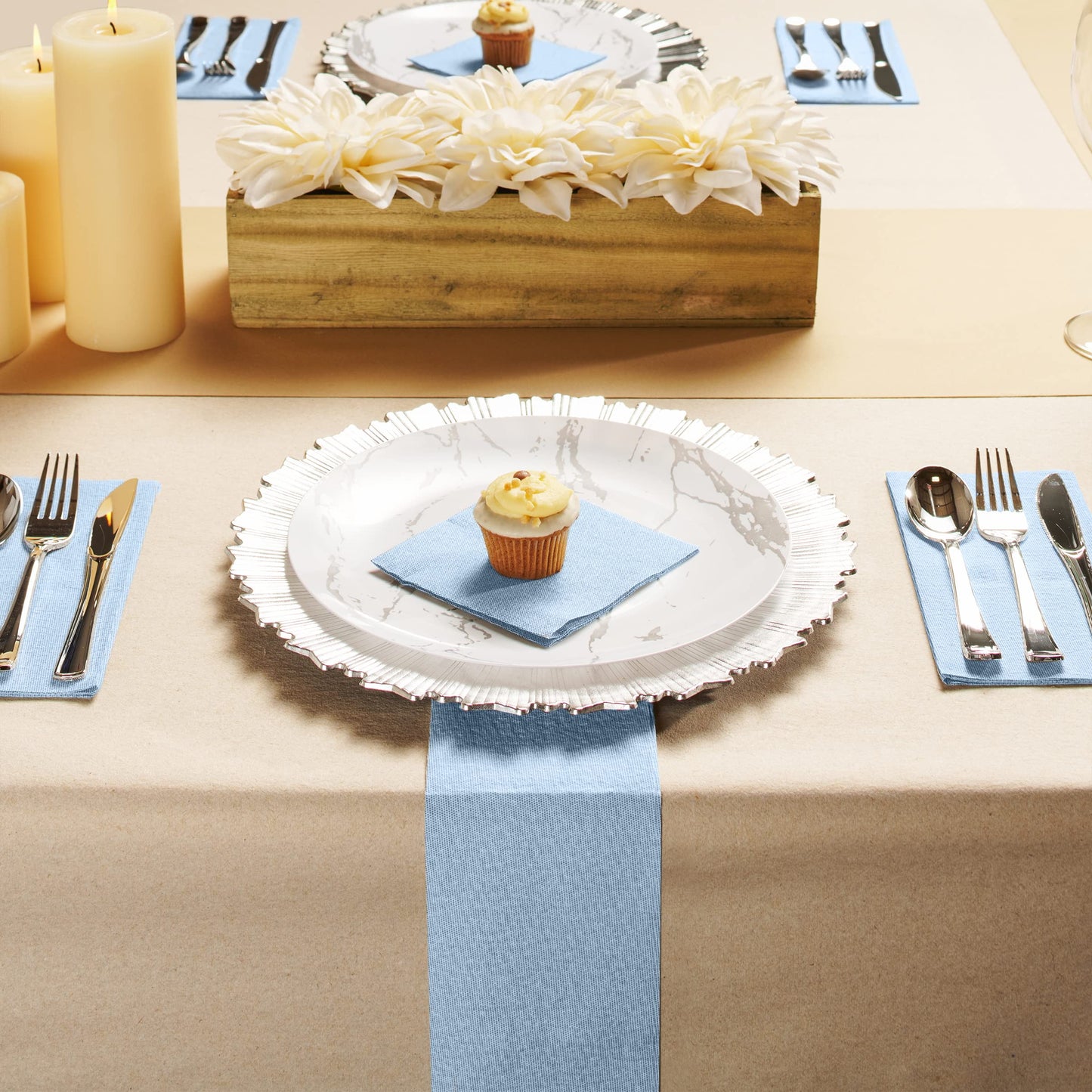 SHOW_ALL, Disposable blue napkin under pastry on table setting for events