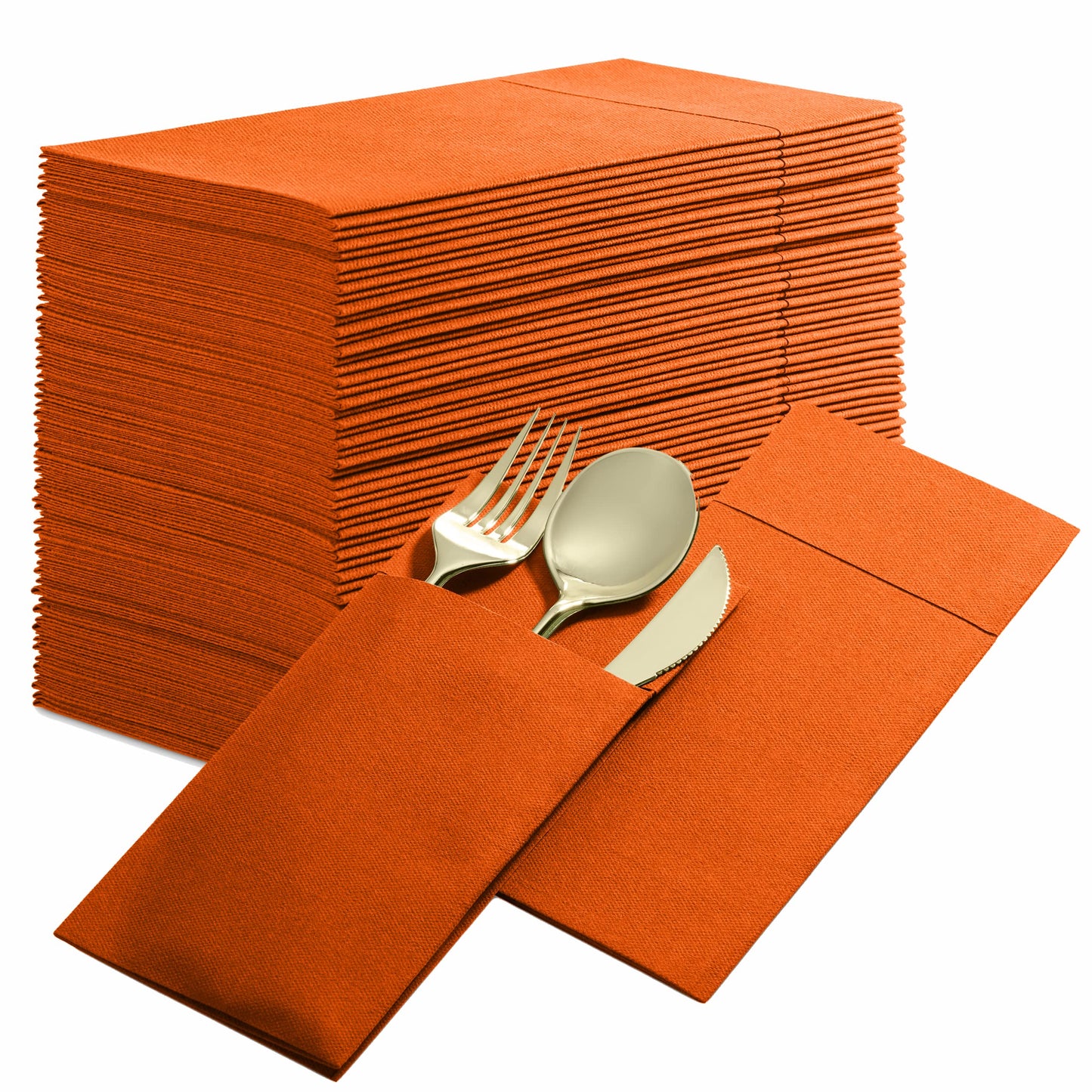BG-CPDN-ORNG/50, BG-CPDN-ORNG/500, Orange BloominGoods 16x16 pocket dinner napkin with cutlery placed inside fold