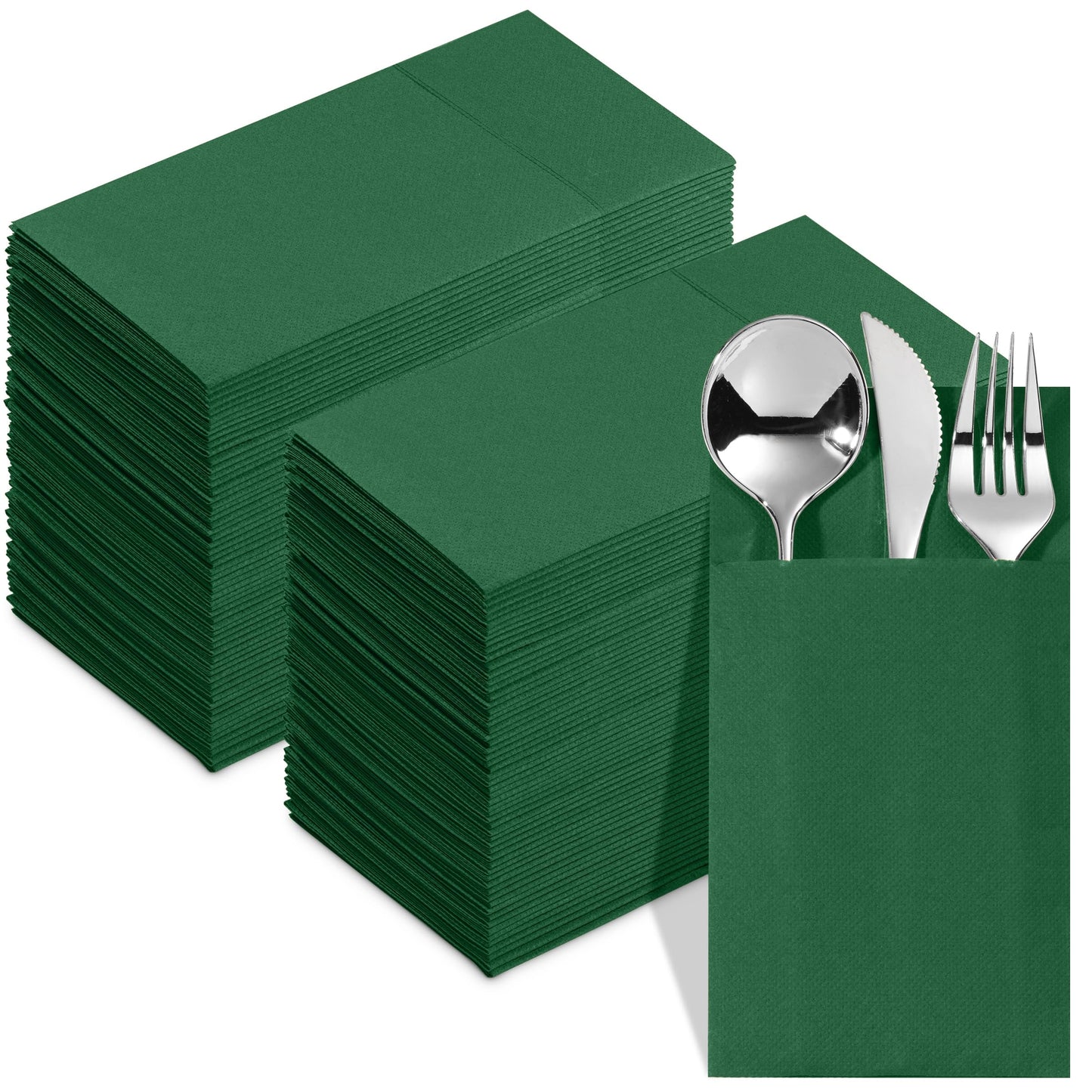 NP-PPPDN-DGRN-100, Green Elegant 15x15 dinner napkin with built-in flatware pocket design