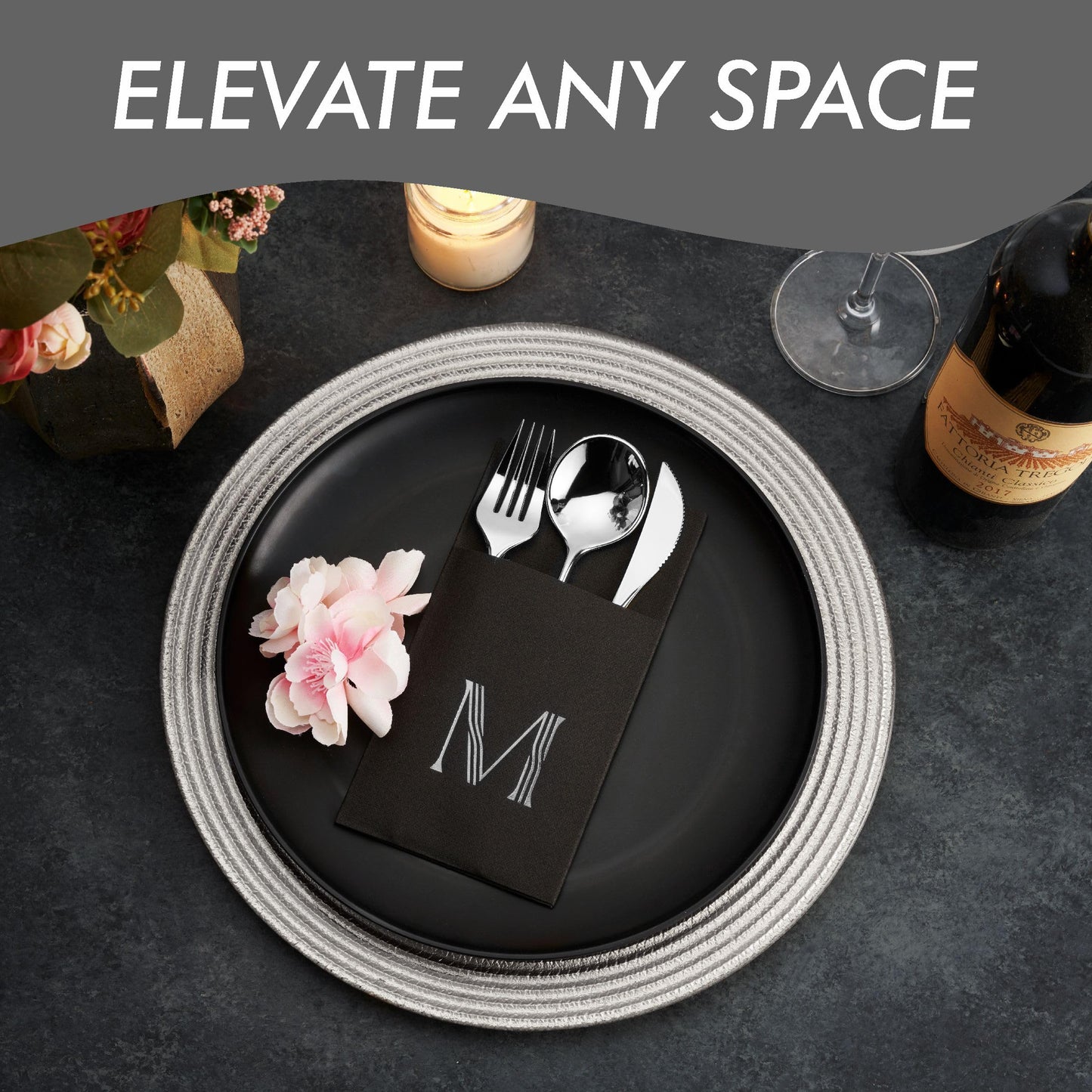 BG-TOLM-PN-BSS-Z/50, elevate any space with monogram in gold foil on black airlaid dinner napkin with pocket