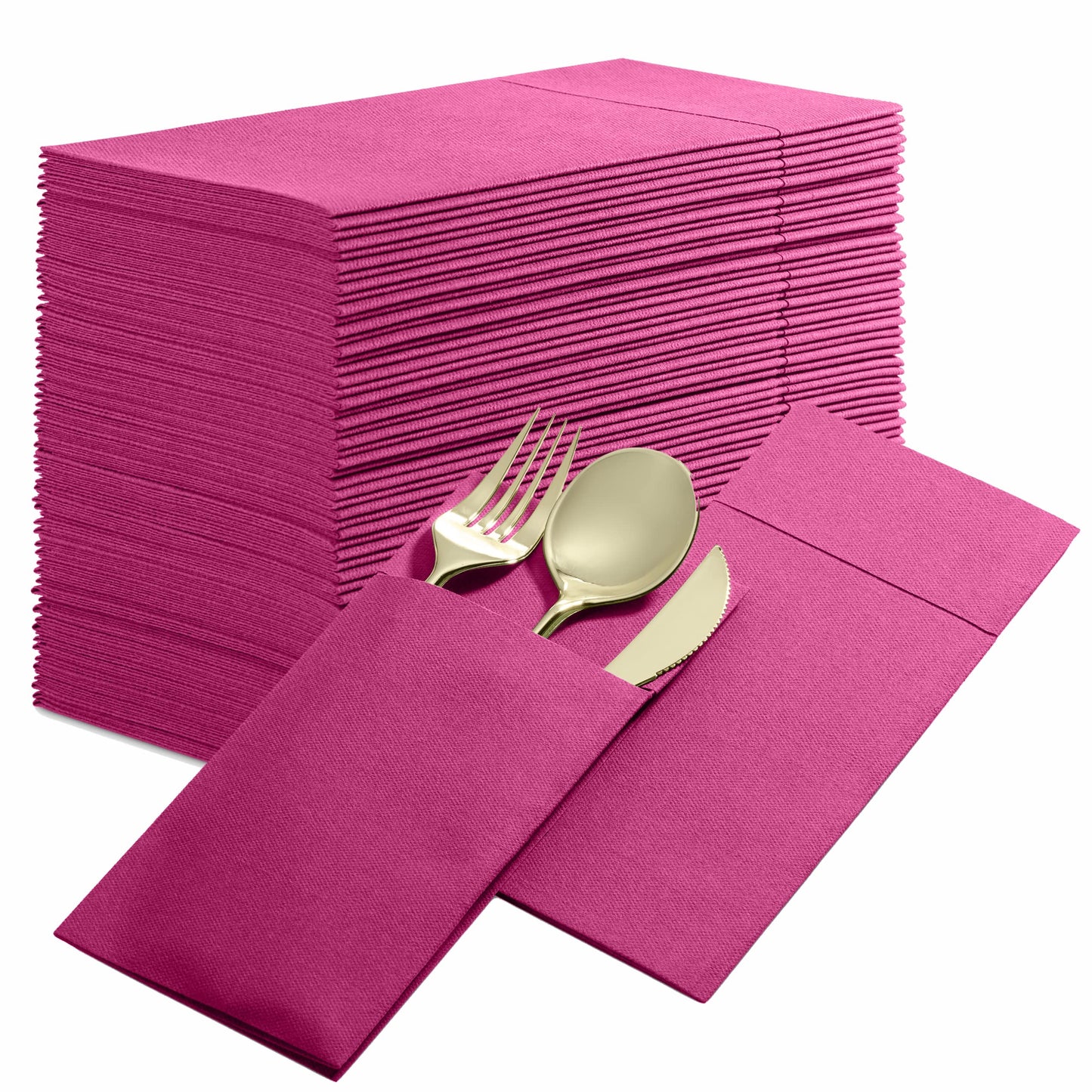 BG-CPDN-FUSH/50, BG-CPDN-FUSH/500, Fuchsia BloominGoods 16x16 pocket dinner napkin with cutlery placed inside fold