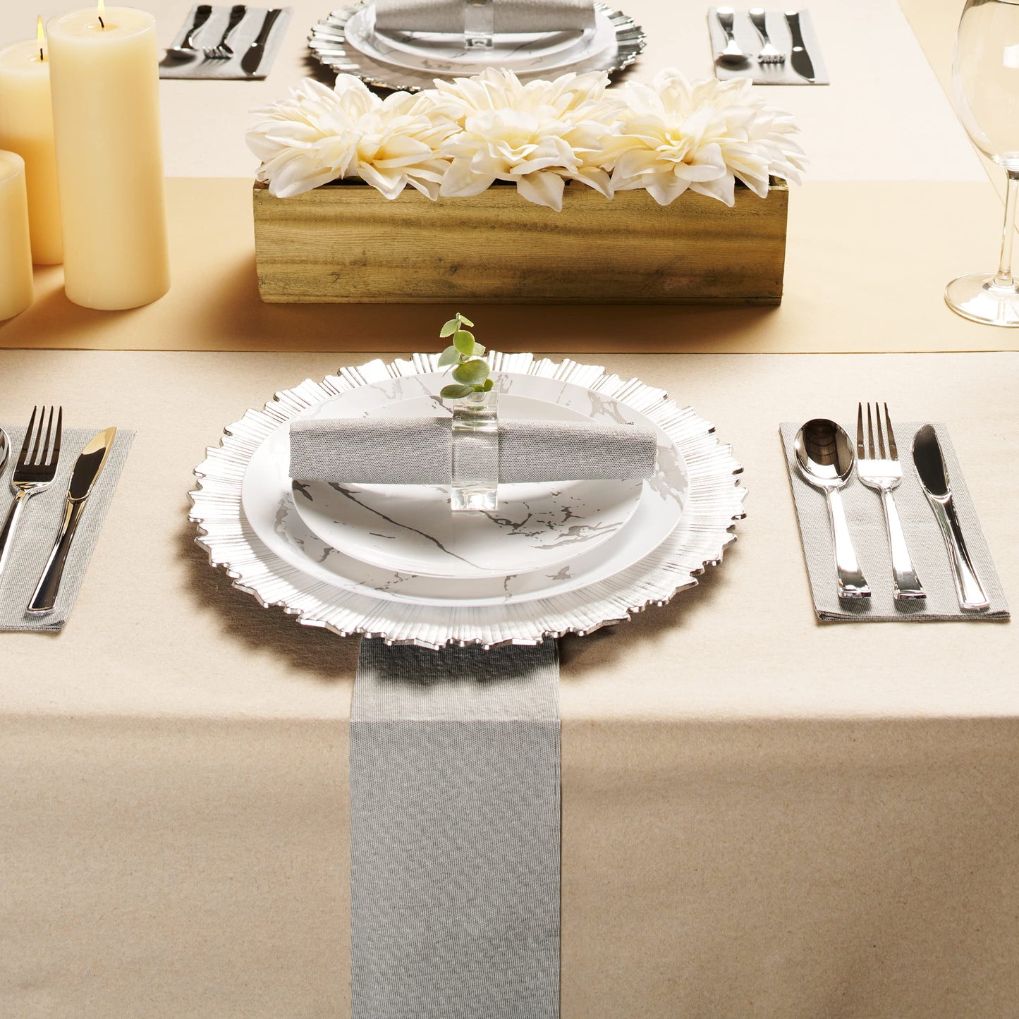 NP-LQGT-BKD-50, Cloth-like luncheon napkins in black dotted design laid on event table with cutlery