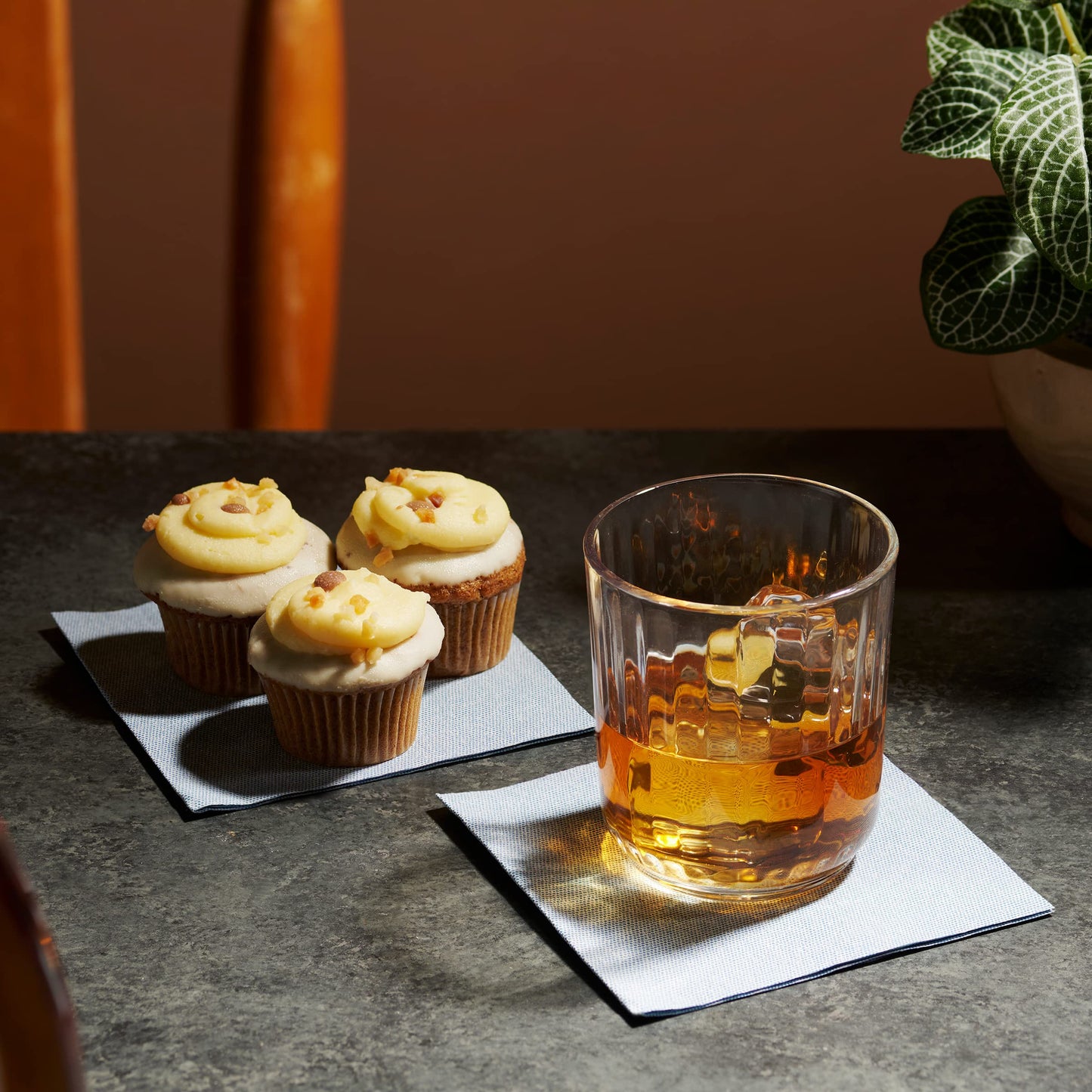 SHOW_ALL, Blue denim cloth-like napkin under cocktail glass on table