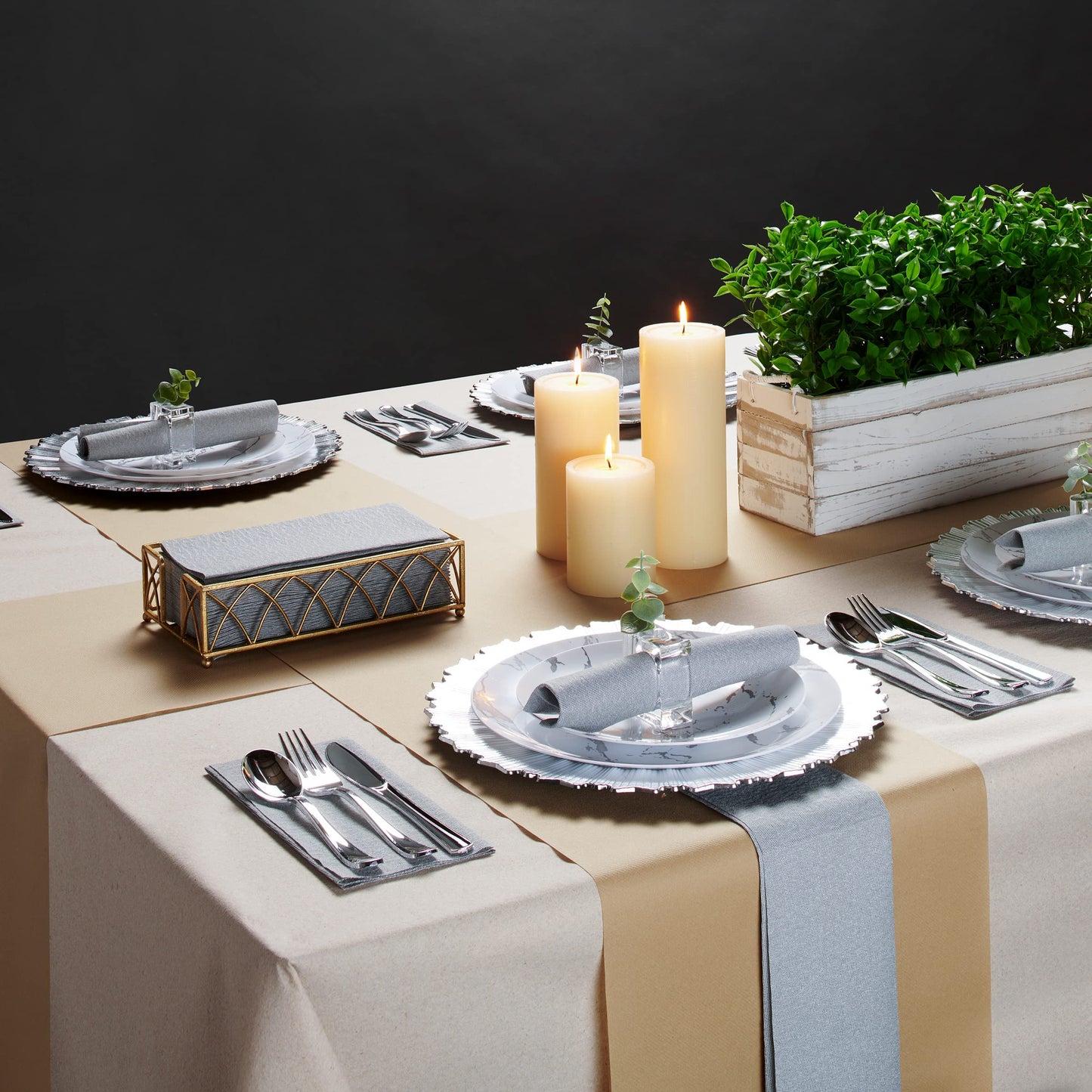 NP-LQGT-BKD-50, Cloth-like luncheon napkins in black dotted design laid on event table