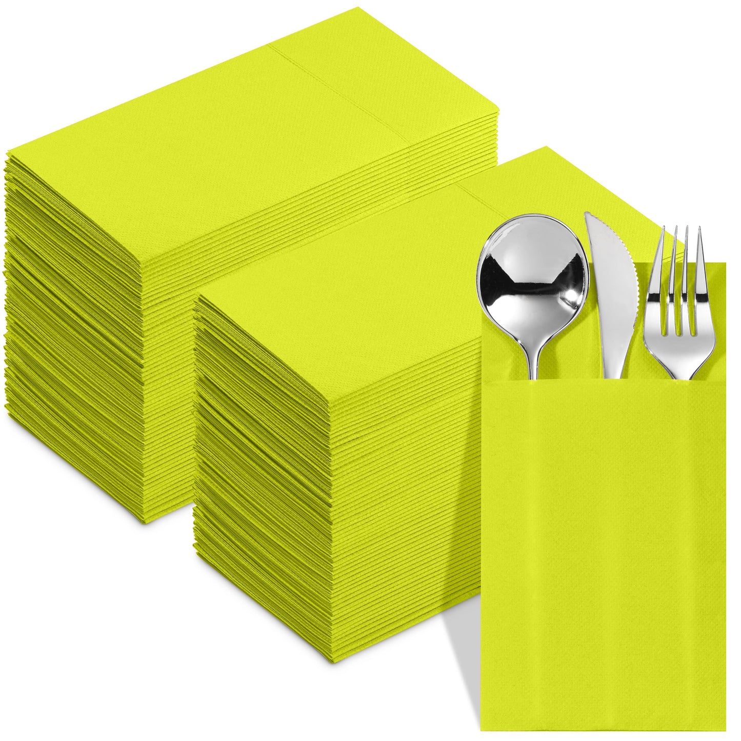 NP-PPPDN-LIME-100, Lime Elegant 15x15 dinner napkin with built-in flatware pocket design