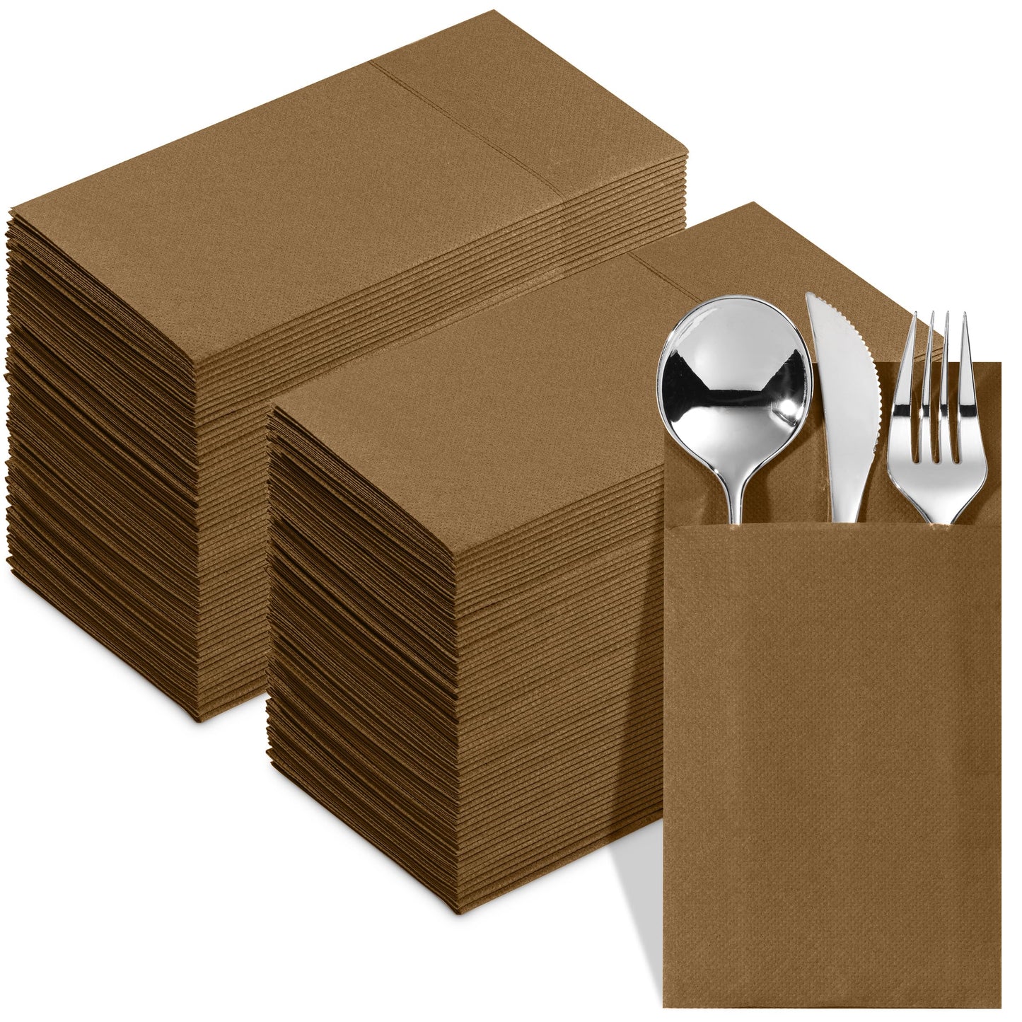 NP-PPPDN-BRWN-100, Brown Elegant 15x15 dinner napkin with built-in flatware pocket design