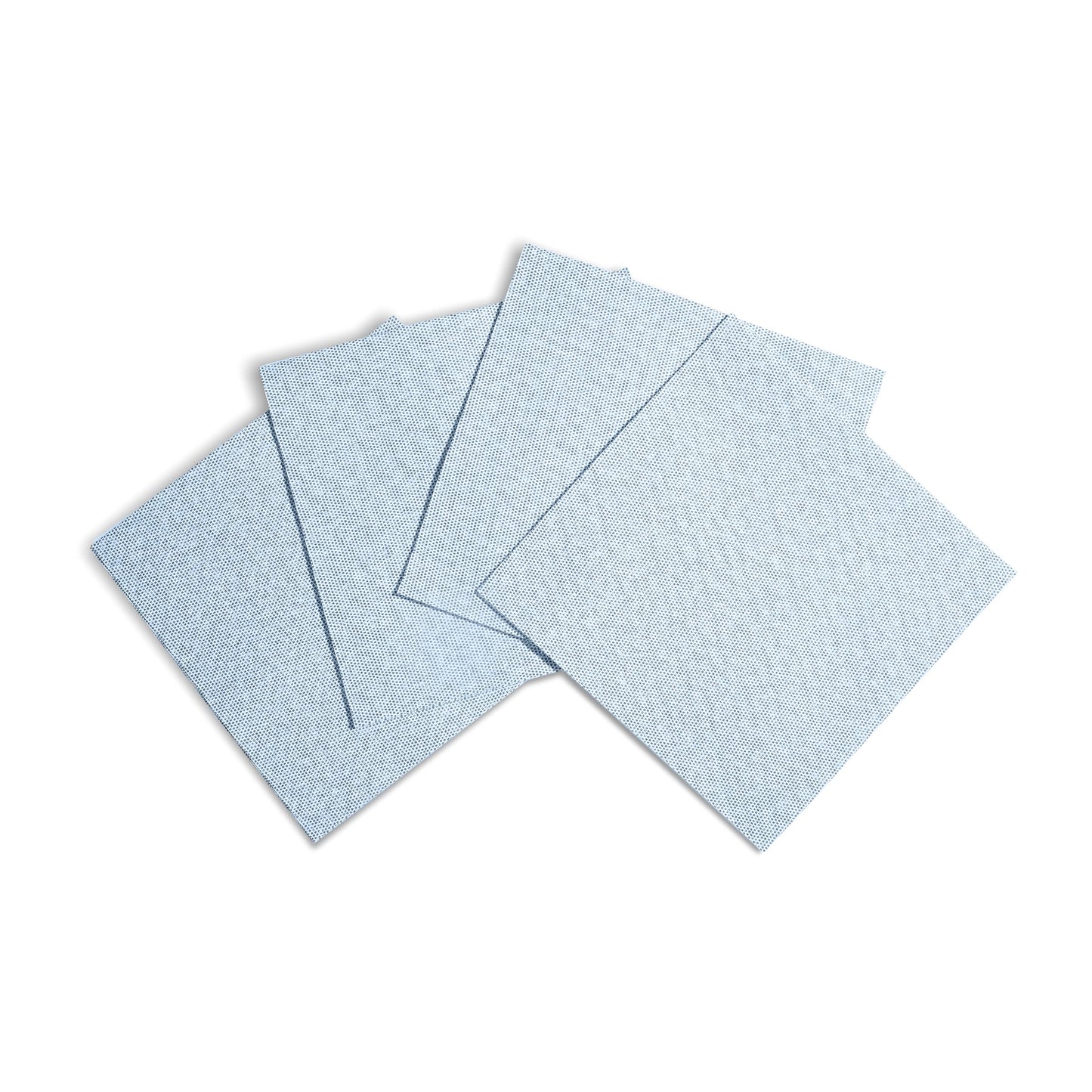 SHOW_ALL, Stacked blue cloth-like luncheon napkins on white background, 13x13 inch