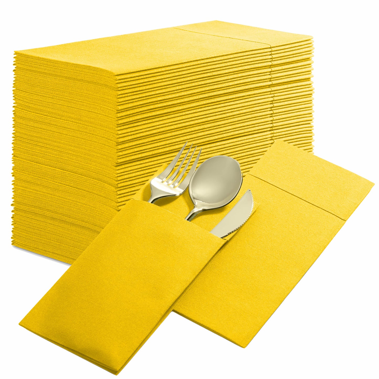 BG-CPDN-YLOW/50, BG-CPDN-YLOW/500, Yellow BloominGoods 16x16 pocket dinner napkin with cutlery placed inside fold