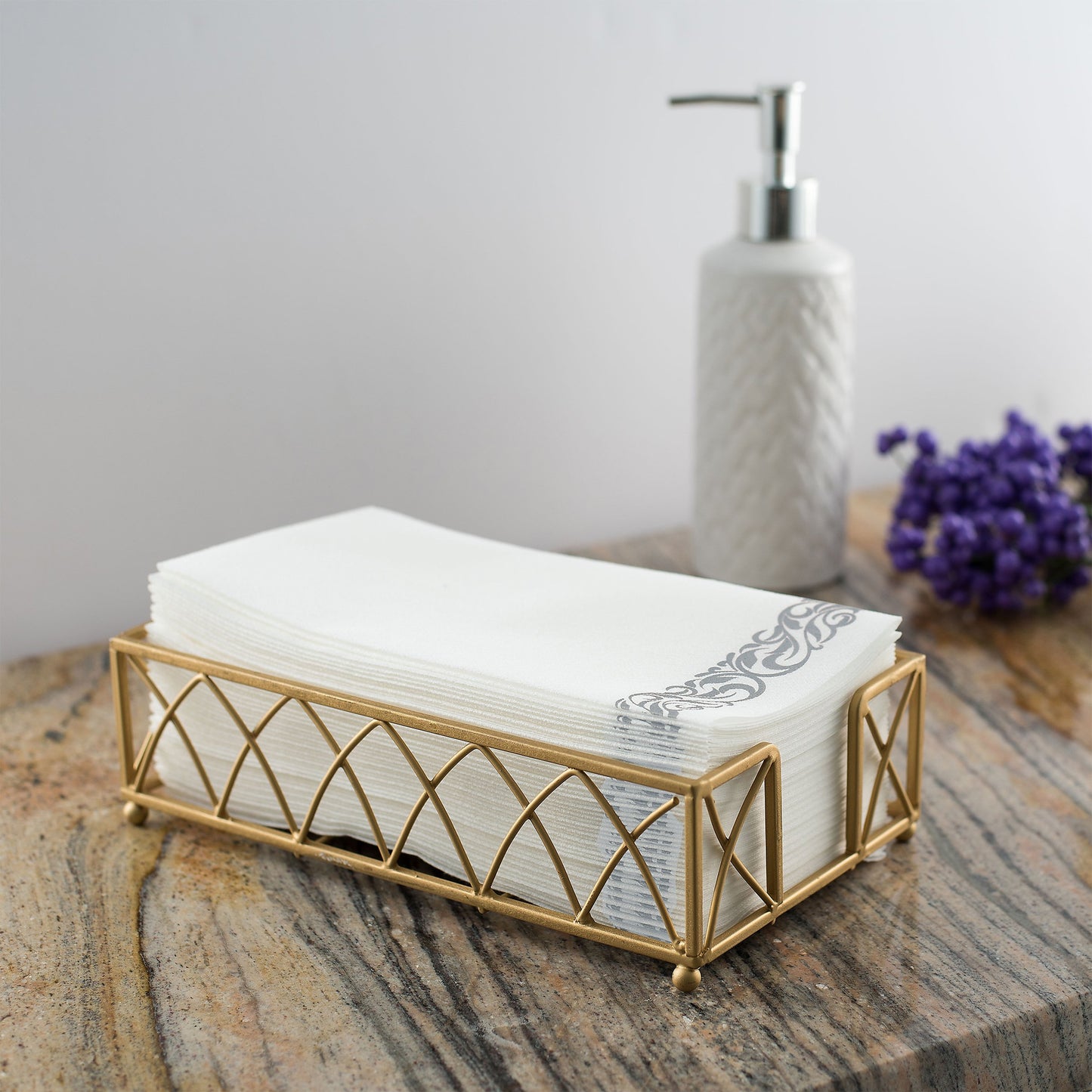 Napkin tray with BloominGoods silver floral guest towels on wooden table