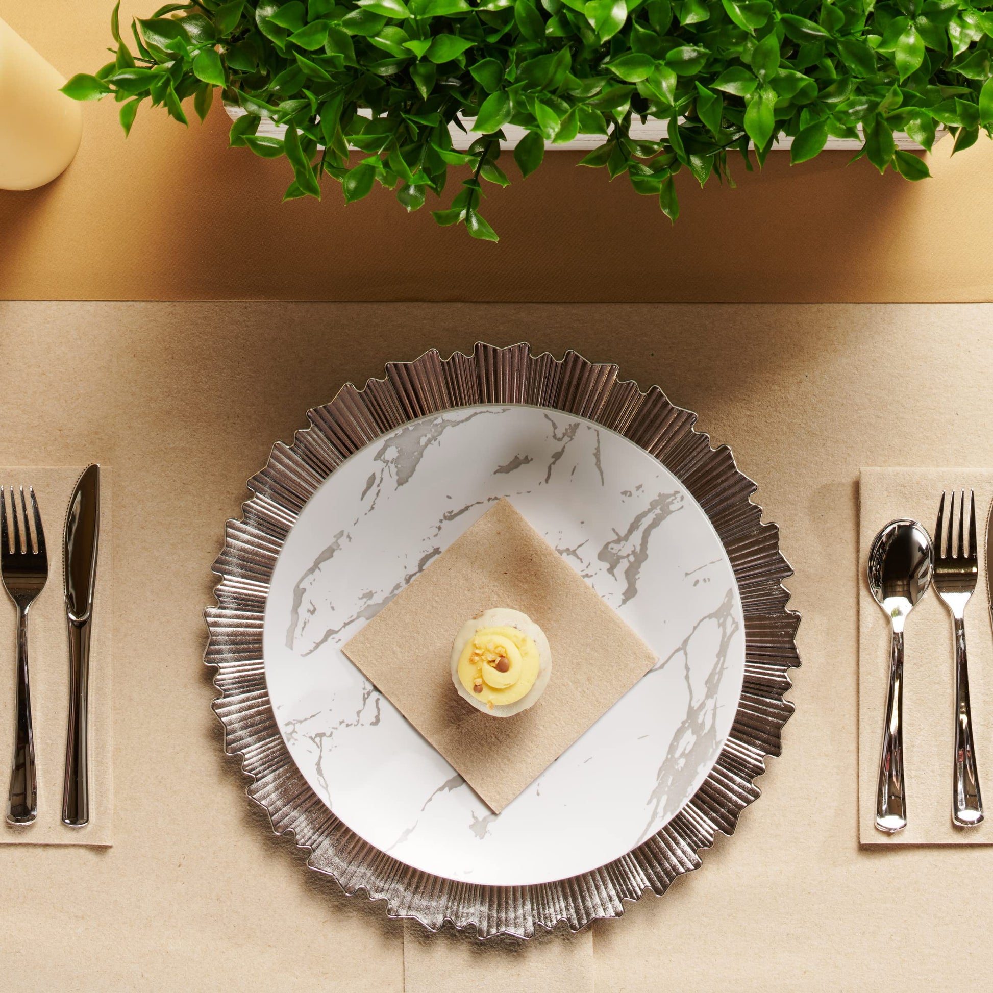Disposable natural napkin under dessert pastry with formal place setting