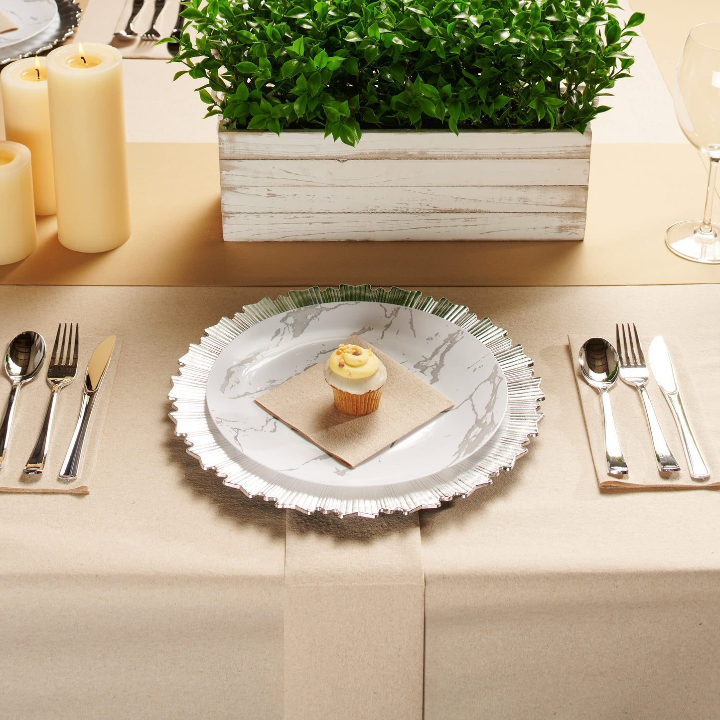 Natural color napkin supporting pastry on formal dining table with cutlery