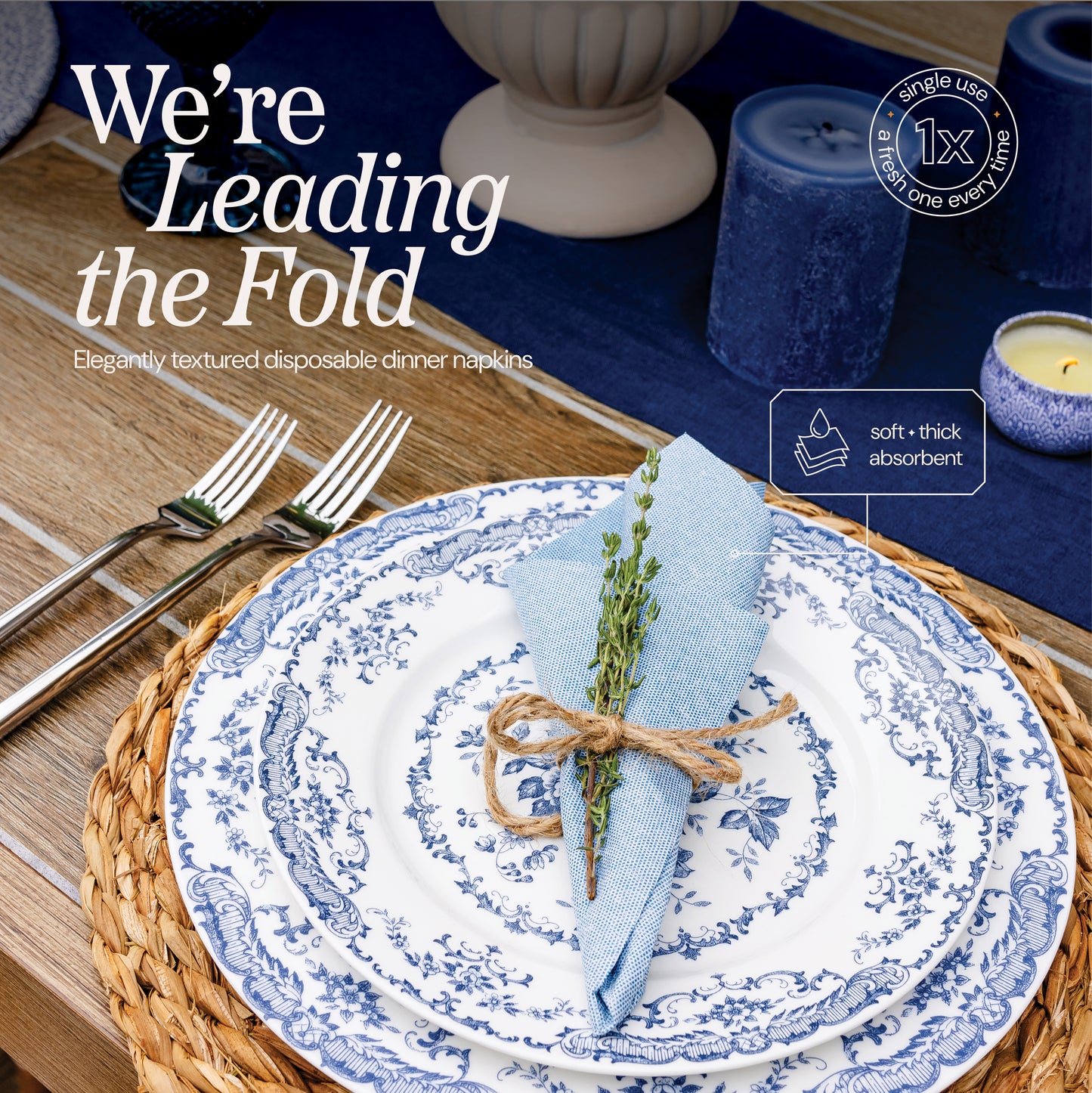 Naperee blue denim dinner napkins are leading the fold in elegant disposable texture.