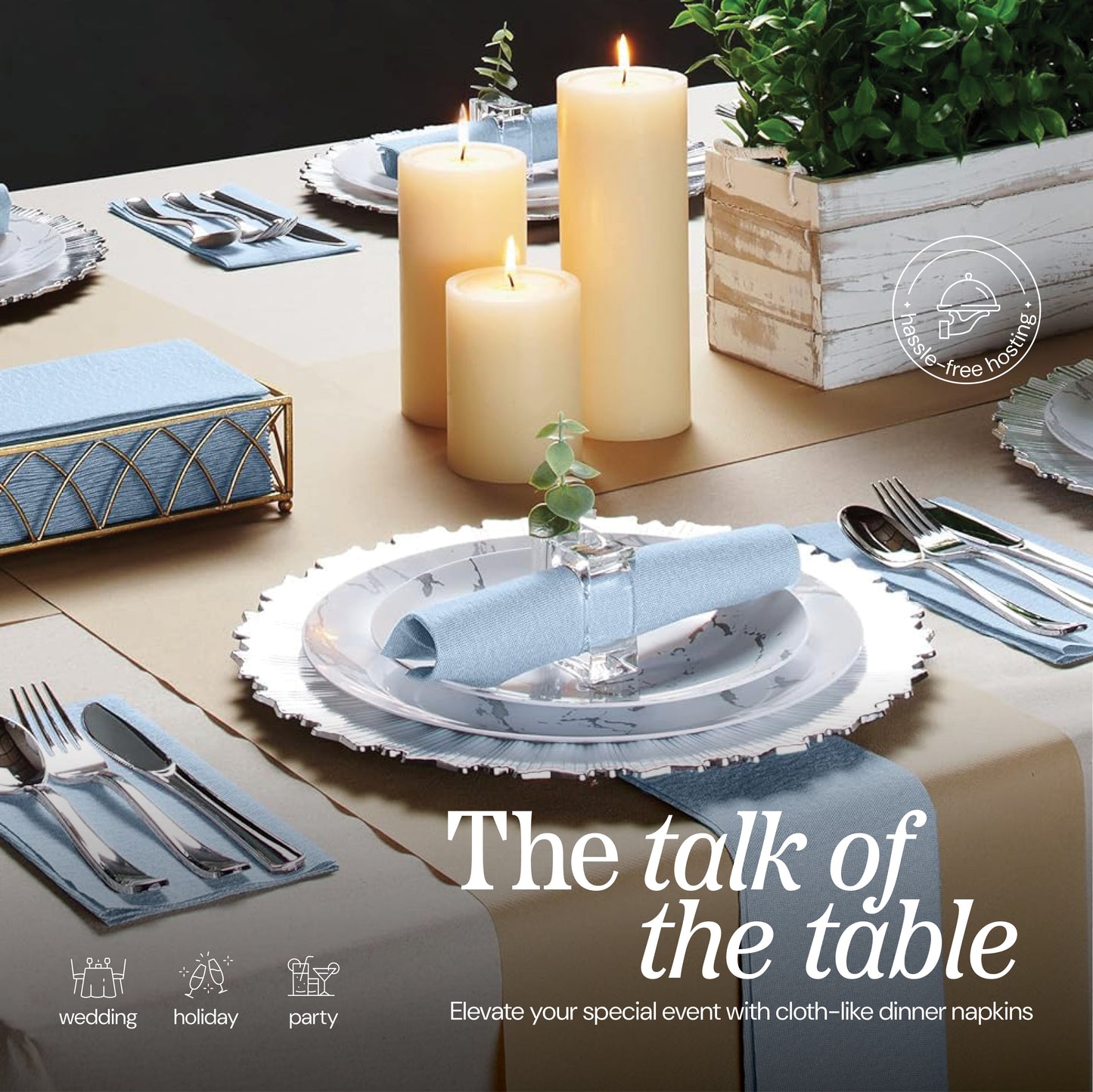 Cloth-like blue napkin folded on event table—Naperee, talk of the table