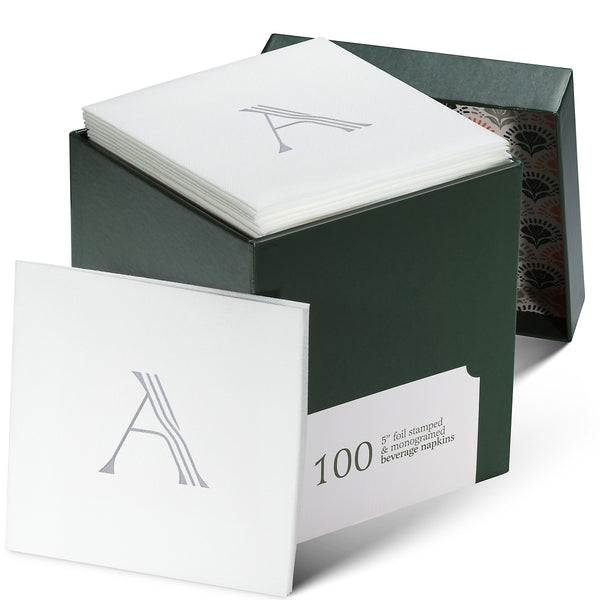 Disposable Linen-Feel White Cocktail Napkins Napkins | Silver Foil Stamp Monogram, Airlaid Paper, 10"x10", 100-Pack