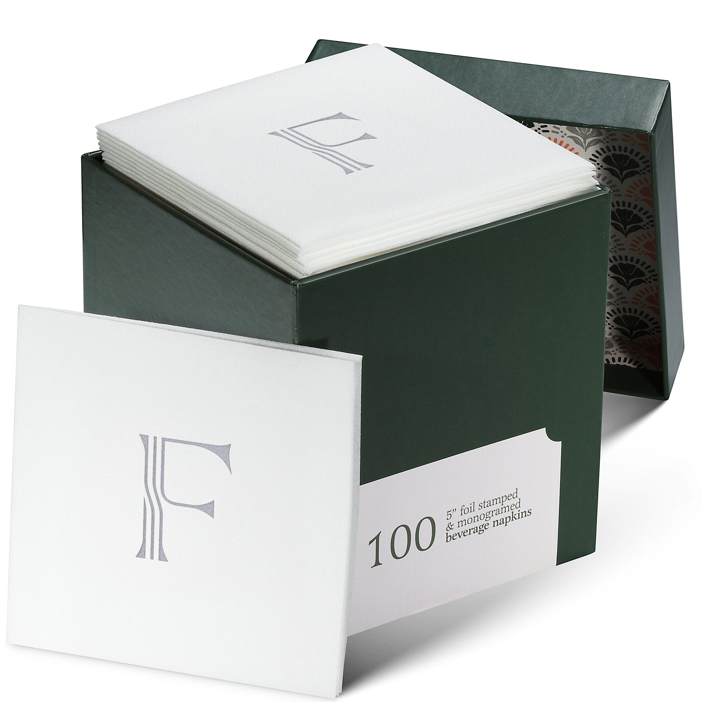 Disposable Linen-Feel White Cocktail Napkins Napkins | Silver Foil Stamp Monogram, Airlaid Paper, 10"x10", 100-Pack
