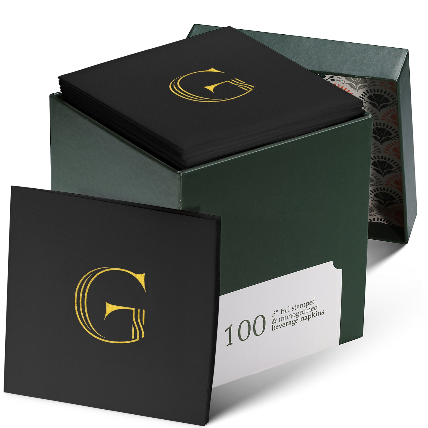 Disposable Linen-Feel Black Cocktail Napkins Napkins | Gold Foil Stamp Monogram, Airlaid Paper, 10"x10", 100-Pack