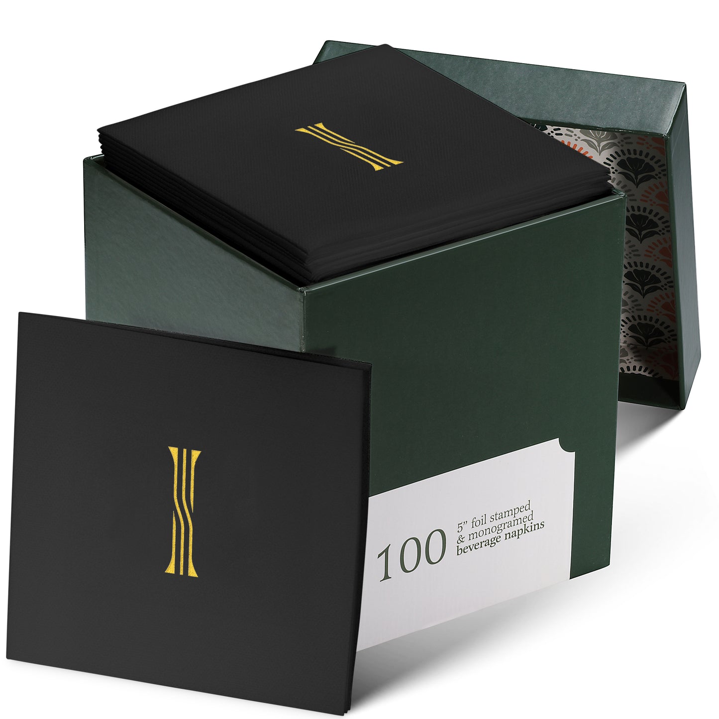 Disposable Linen-Feel Black Cocktail Napkins Napkins | Gold Foil Stamp Monogram, Airlaid Paper, 10"x10", 100-Pack