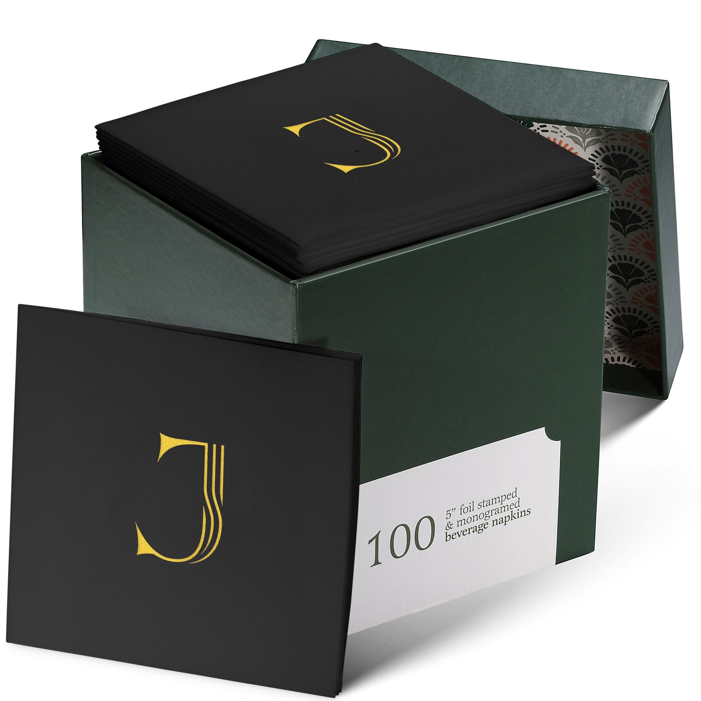 Disposable Linen-Feel Black Cocktail Napkins Napkins | Gold Foil Stamp Monogram, Airlaid Paper, 10"x10", 100-Pack