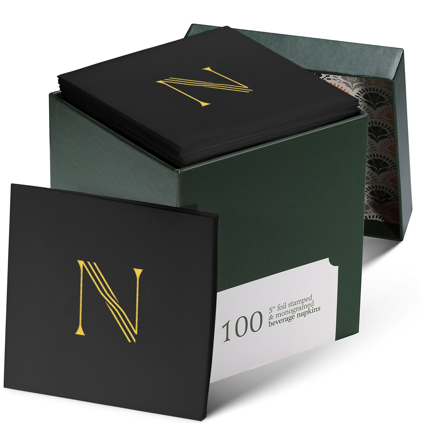 Disposable Linen-Feel Black Cocktail Napkins Napkins | Gold Foil Stamp Monogram, Airlaid Paper, 10"x10", 100-Pack