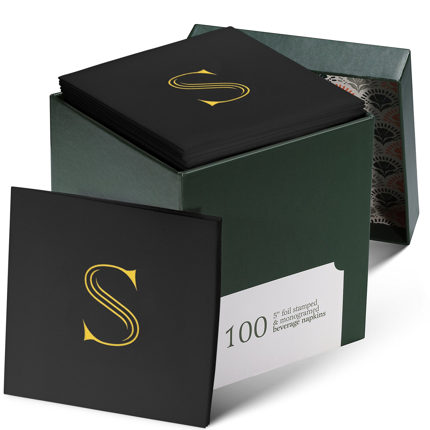 Disposable Linen-Feel Black Cocktail Napkins Napkins | Gold Foil Stamp Monogram, Airlaid Paper, 10"x10", 100-Pack