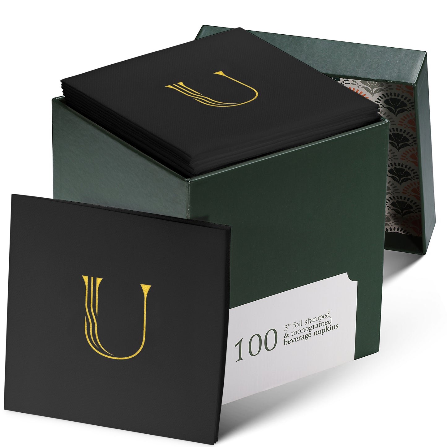 Disposable Linen-Feel Black Cocktail Napkins Napkins | Gold Foil Stamp Monogram, Airlaid Paper, 10"x10", 100-Pack