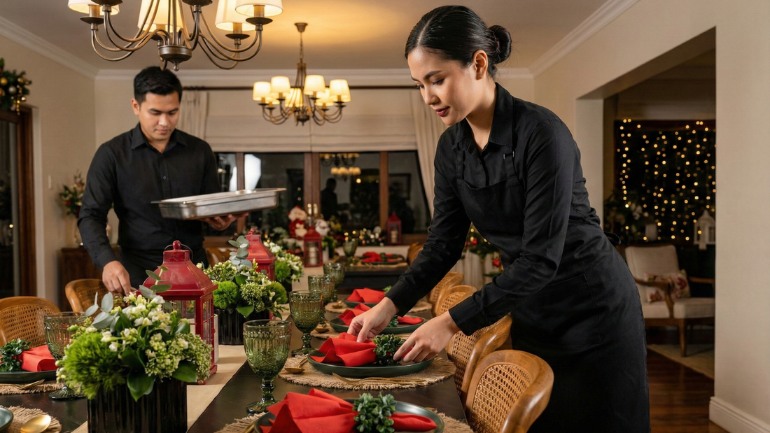 Two caterers dressed in all black set up a table with Bloomingoods napkins The table has styled red napkins in a decorative napkin holder at each place setting.