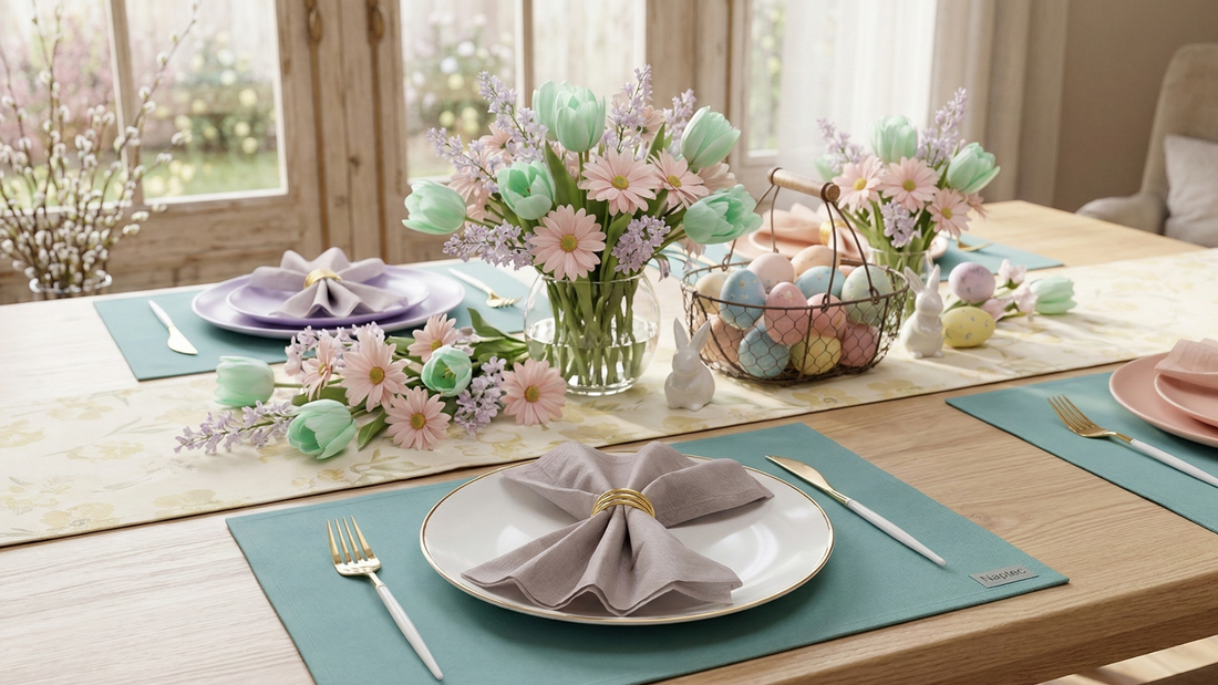 An Easter tablescape with blue and pink pastel accents inside a well lit dining room. Each table place setting has a Naptec dinner napkin and single use placemat underneath the plate.