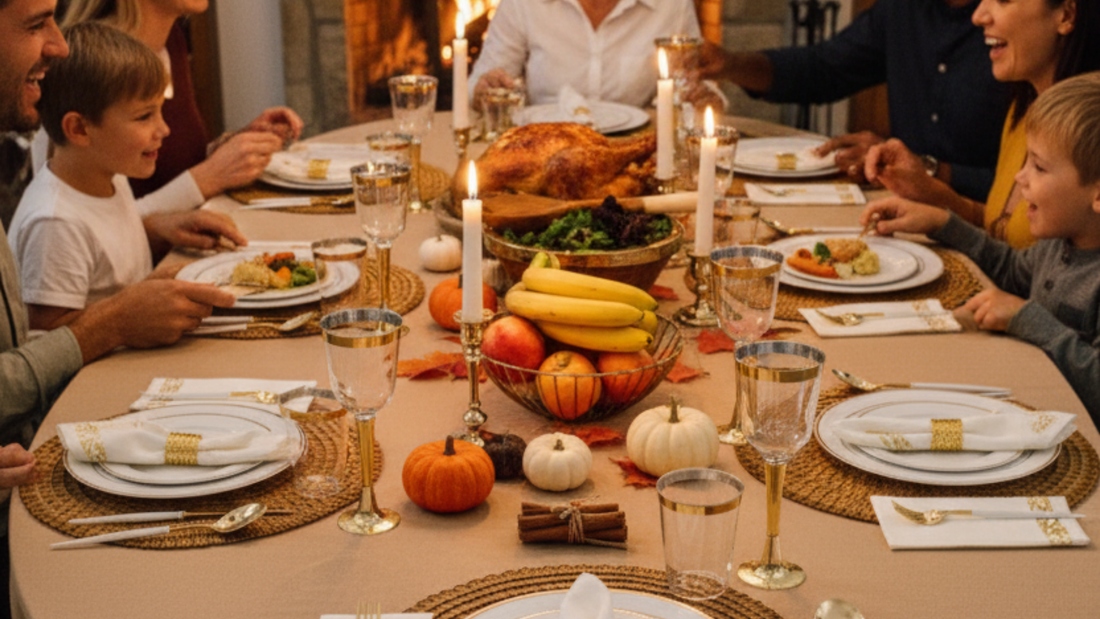 A family sits around an oval table covered with a light brown tablecloth. they are sitting around a beautiful Thanksgiving tablescape filled with pumpkins and candles. Each place setting has a disposable napkin on it.