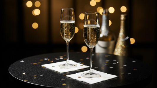 Two champagne flutes sit on white Bloomingoods cocktail napkins. The napkins and flutes are on a black cocktail table dusted with confetti.