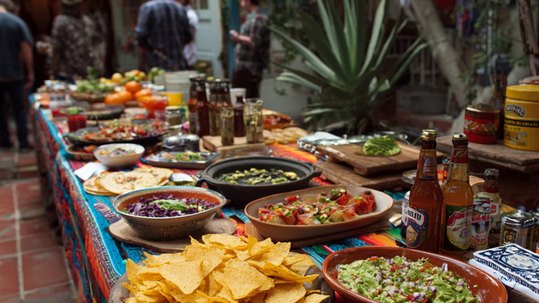 Backyard table filled with tacos, guac, nachos, salsas, beers — vibrant and abundant fiesta spread.