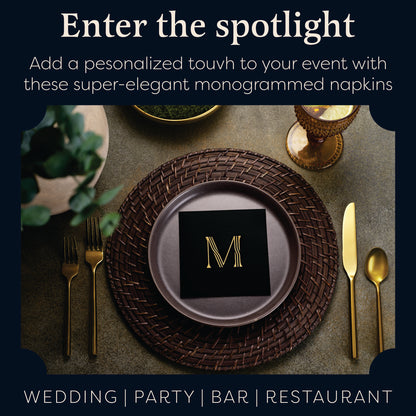 Disposable Linen-Feel Black Cocktail Napkins Napkins | Gold Foil Stamp Monogram, Airlaid Paper, 10"x10", 100-Pack