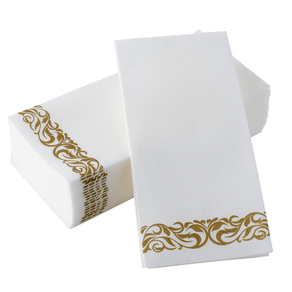 Disposable Linen-Feel Decorative Guest Towels | Gold Floral Design | Airlaid Paper, 12"x17"