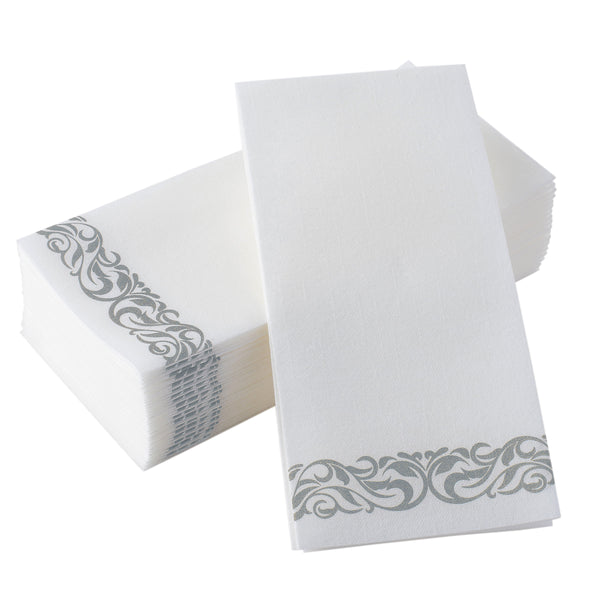 Disposable Linen-Feel Decorative Guest Towels | Silver Floral Design | Airlaid Paper, 12"x17"