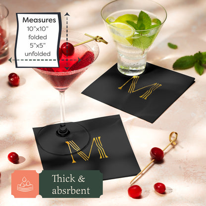 Disposable Linen-Feel Black Cocktail Napkins Napkins | Gold Foil Stamp Monogram, Airlaid Paper, 10"x10", 100-Pack