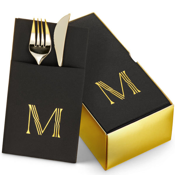 Disposable Linen-Feel Black Napkins With Pocket For Flatware | Gold Foil Stamp Monogram, Airlaid Paper, 16"x16", 50-Pack