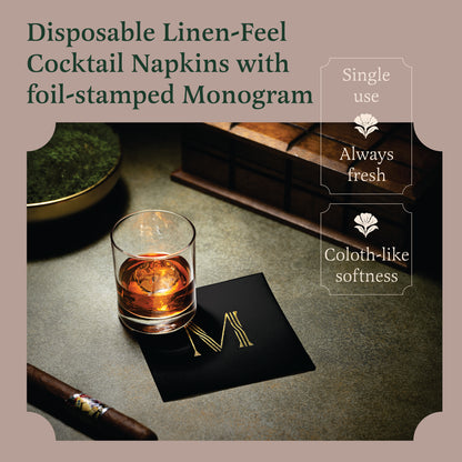 Disposable Linen-Feel Black Cocktail Napkins Napkins | Gold Foil Stamp Monogram, Airlaid Paper, 10"x10", 100-Pack
