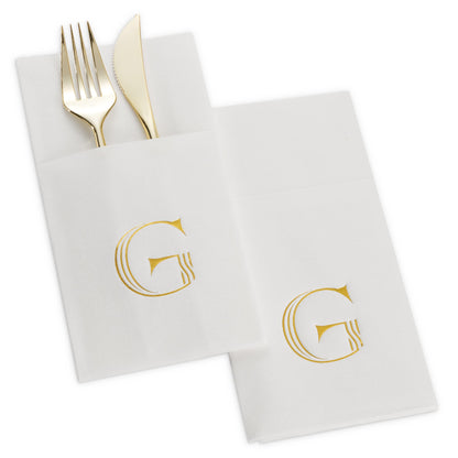 Disposable Linen-Feel White Napkins With Pocket For Flatware | Gold Foil Stamp Monogram, Airlaid Paper, 16"x16", 50-Pack