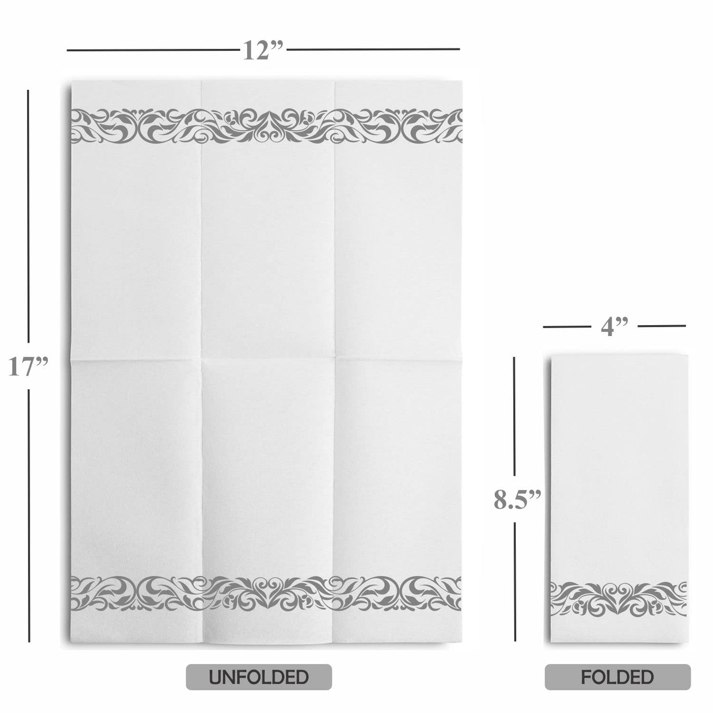 Disposable Linen-Feel Decorative Guest Towels | Silver Floral Design | Airlaid Paper, 12"x17"