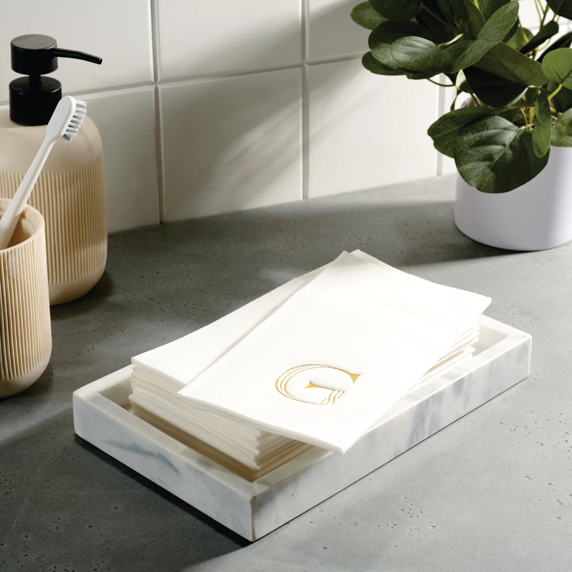Disposable Bathroom Napkins | Linen-Feel Guest Towels | 12" x 17" White Airlaid Paper Napkins - Foil Stamping - Naptec Paper - BloominGoods