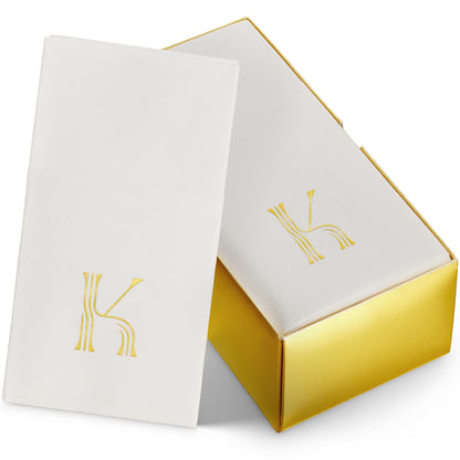 Disposable Linen-Feel White Guest Towel Napkins | Gold Foil Stamp Monogram, Airlaid Paper, 12"x17", 50-Pack - Naptec Paper - BloominGoods
