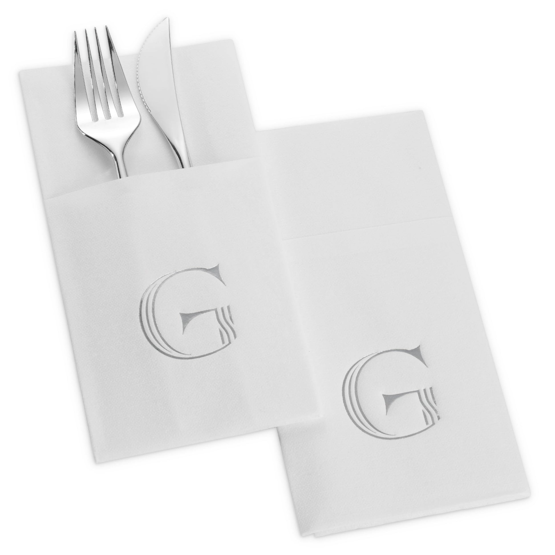 Disposable Linen-Feel White Napkins With Pocket For Flatware | Silver Foil Stamp Monogram, Airlaid Paper, 16"x16", 50-Pack - Naptec Paper - BloominGoods