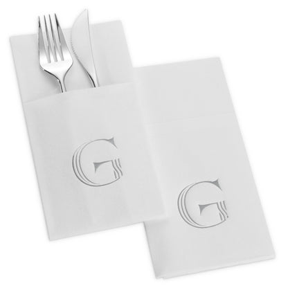 Disposable Linen-Feel White Napkins With Pocket For Flatware | Silver Foil Stamp Monogram, Airlaid Paper, 16"x16", 50-Pack - Naptec Paper - BloominGoods