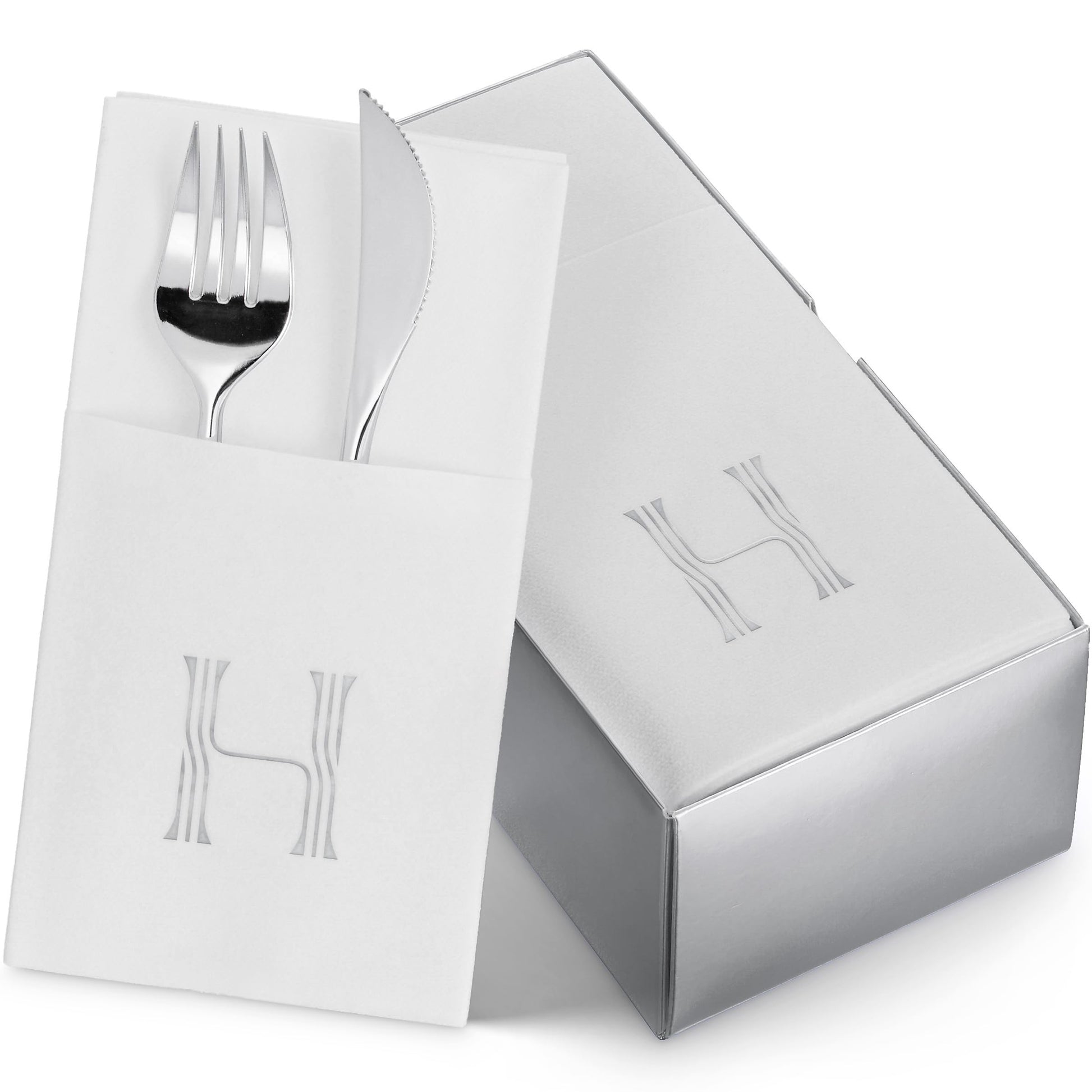Disposable Linen-Feel White Napkins With Pocket For Flatware | Silver Foil Stamp Monogram, Airlaid Paper, 16"x16", 50-Pack - Naptec Paper - BloominGoods