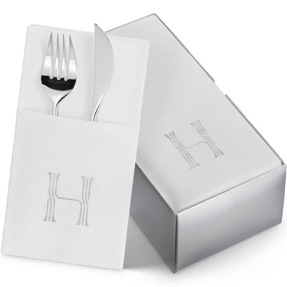 Disposable Linen-Feel White Napkins With Pocket For Flatware | Silver Foil Stamp Monogram, Airlaid Paper, 16"x16", 50-Pack - Naptec Paper - BloominGoods