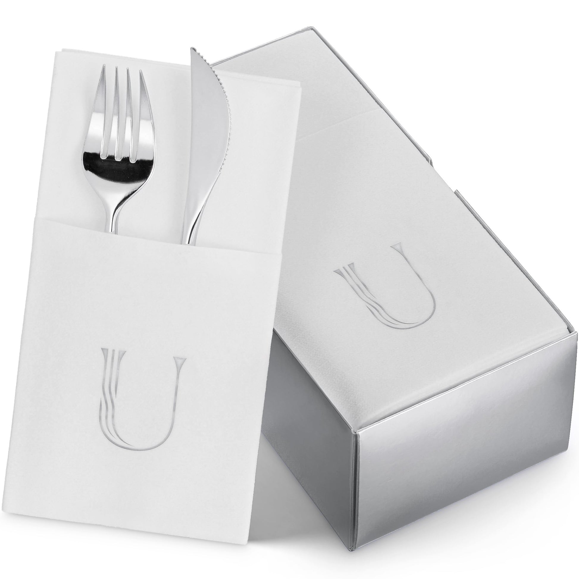 Disposable Linen-Feel White Napkins With Pocket For Flatware | Silver Foil Stamp Monogram, Airlaid Paper, 16"x16", 50-Pack - Naptec Paper - BloominGoods
