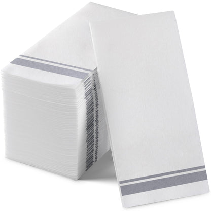 Disposable Linen-Feel Decorative Guest Towels | Silver Double-Line Design | Airlaid Paper, 12"x17"