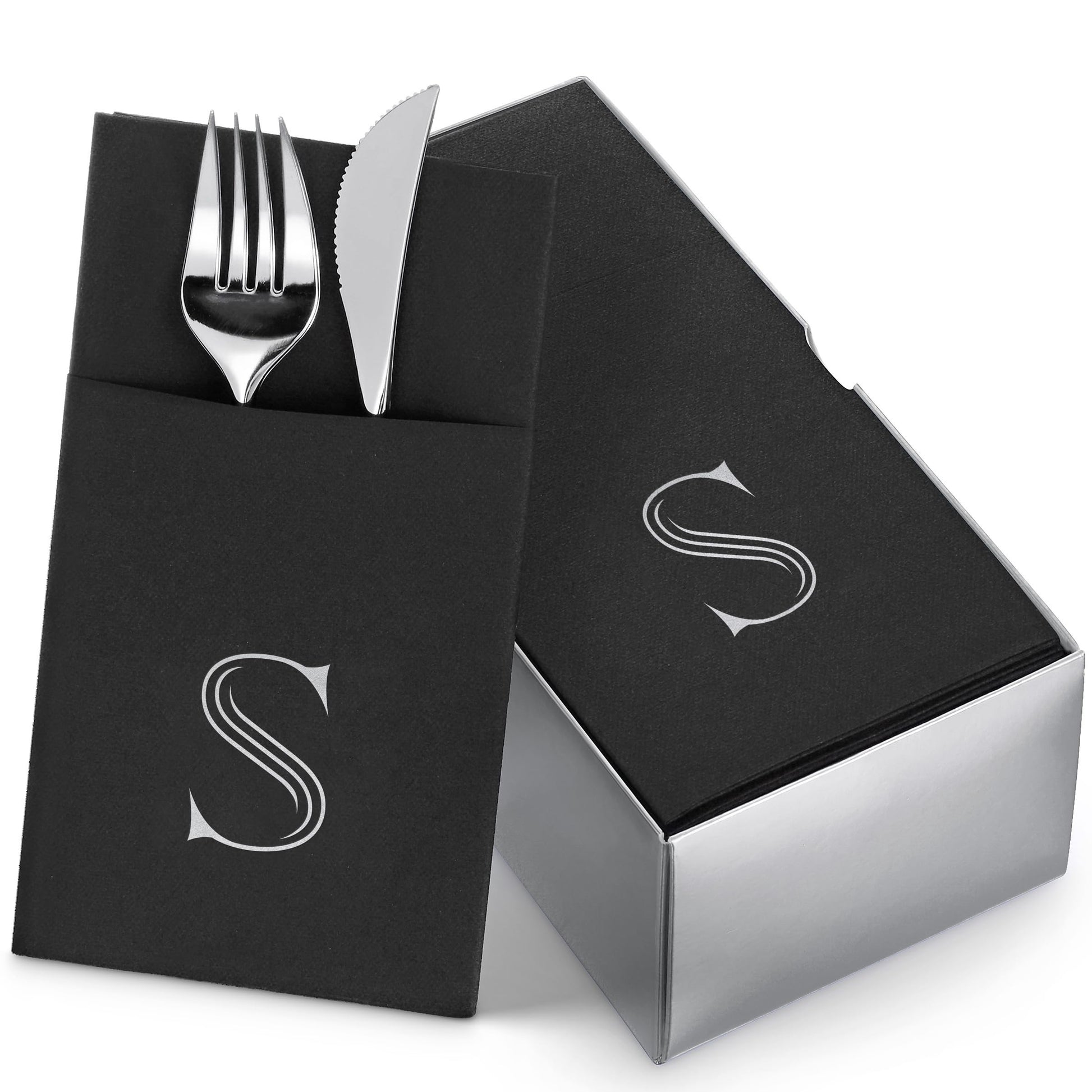 Disposable Linen-Feel Black Napkins With Pocket For Flatware | Silver Foil Stamp Monogram, Airlaid Paper, 16"x16", 50-Pack - Naptec Paper - BloominGoods