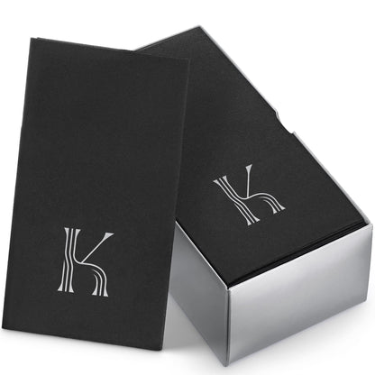 Disposable Linen-Feel Black Guest Towel Napkins | Silver Foil Stamp Monogram, Airlaid Paper, 12"x17", 50-Pack - Naptec Paper - BloominGoods