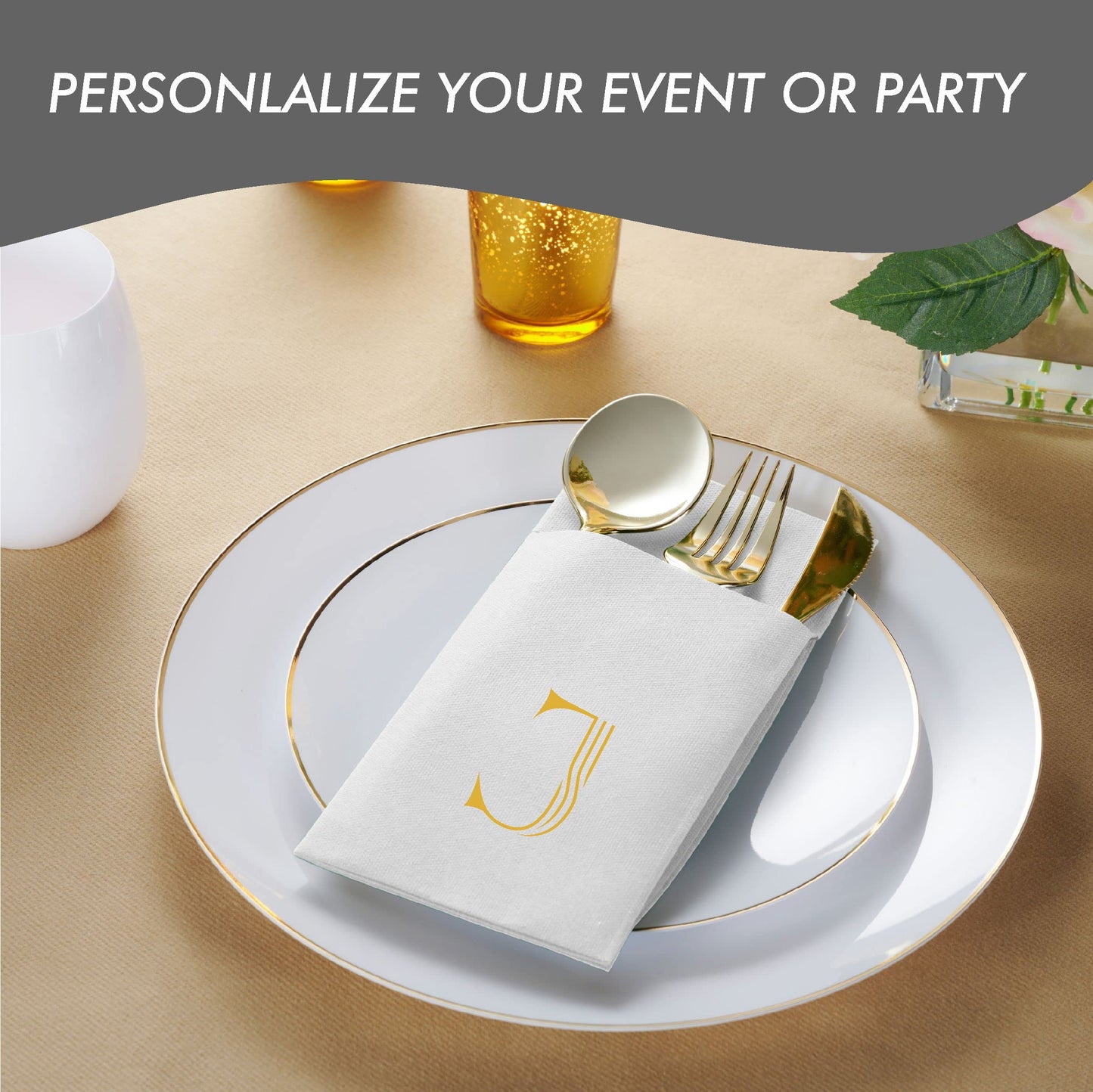 Disposable Linen-Feel White Napkins With Pocket For Flatware | Gold Foil Stamp Monogram, Airlaid Paper, 16"x16", 50-Pack