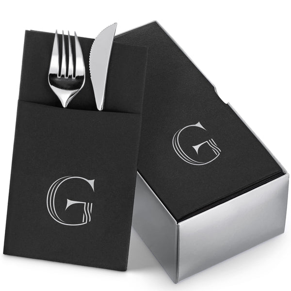 BG-TOLM-PN-BSS-G/50, G monogram in gold foil on black airlaid dinner napkin with pocket